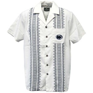 white short sleeve button down Hawaiian shirt with Penn State Athletic Logo on pocket